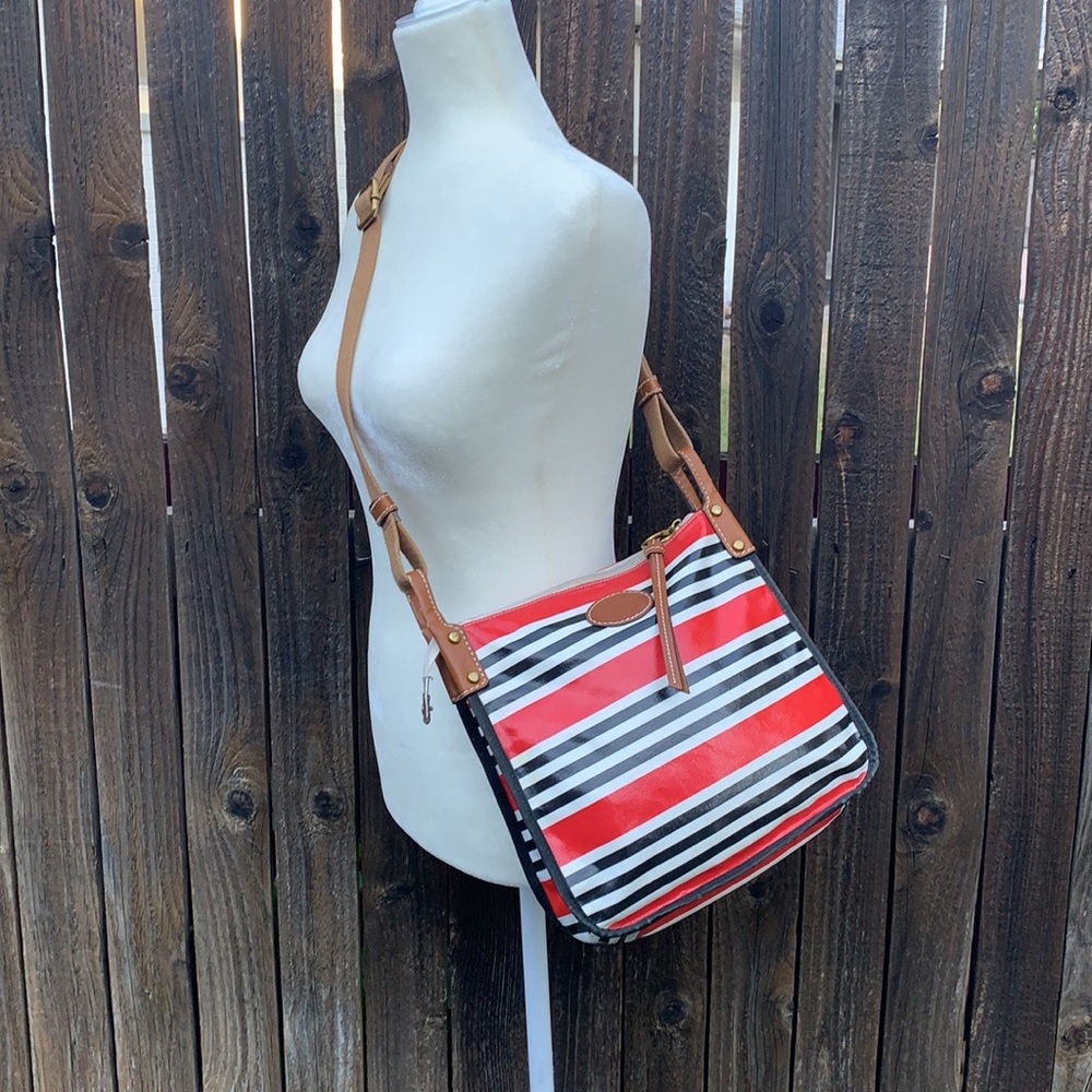 FOSSIL Keyper Crossbody Red Black Striped Shoulder Coated Canvas Mailbag - M